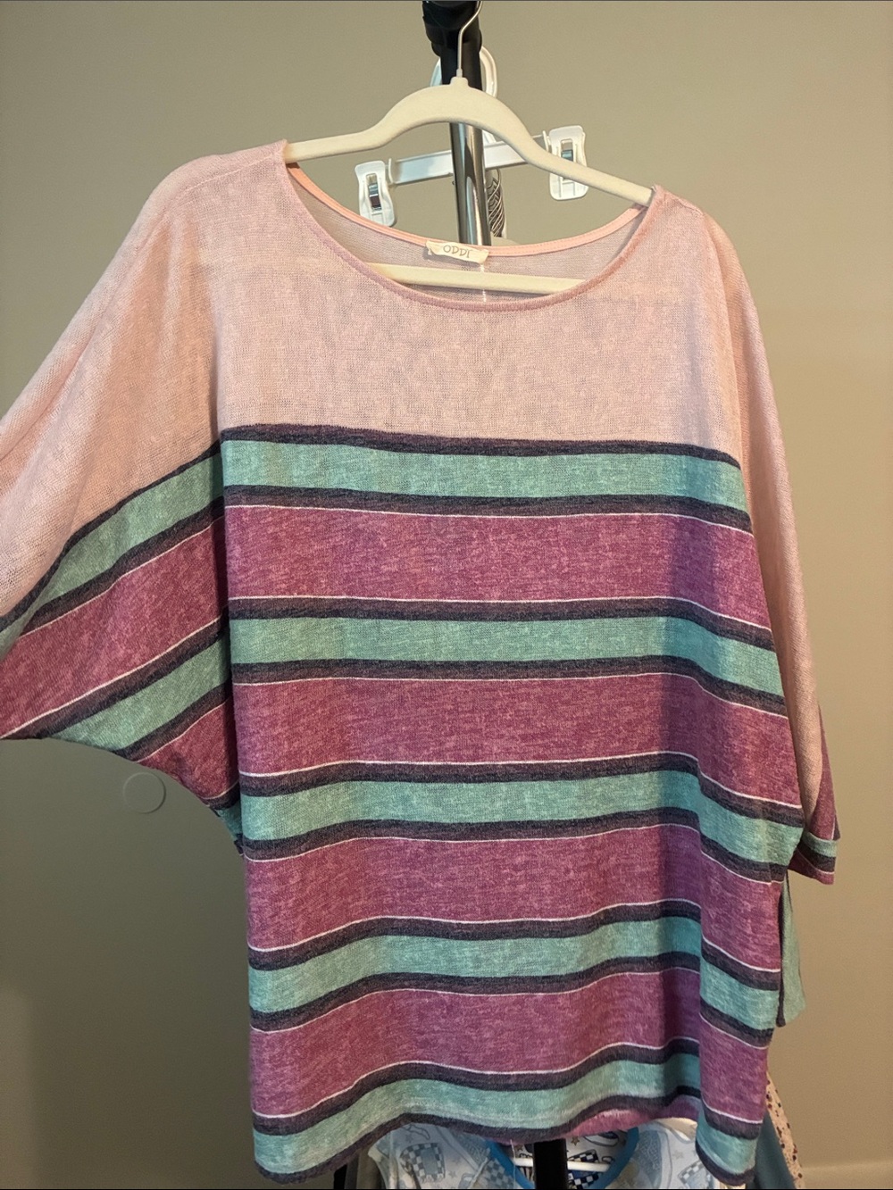 Striped Light Pink Relaxed Tunic with Teal and Purple Accents